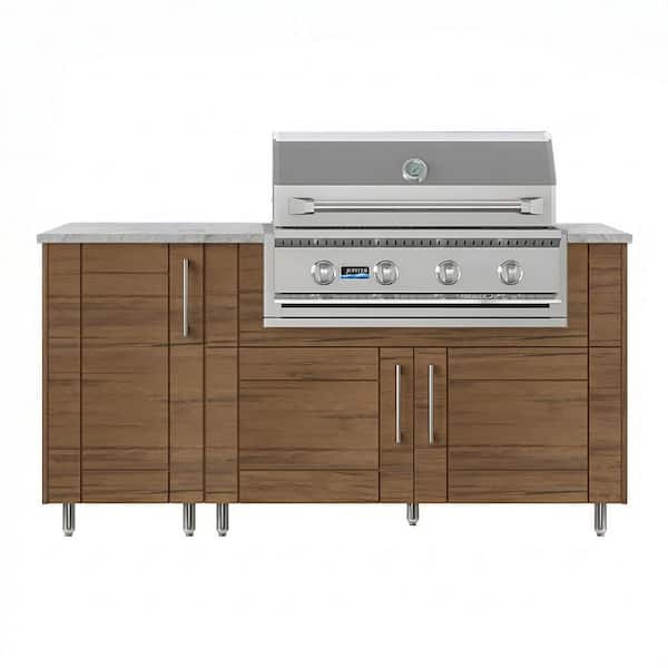 Daybreak 68.5 in. W 4-Burner Propane Grill Island in Stainless Steel Sanibel Teak with Propane Cabinet