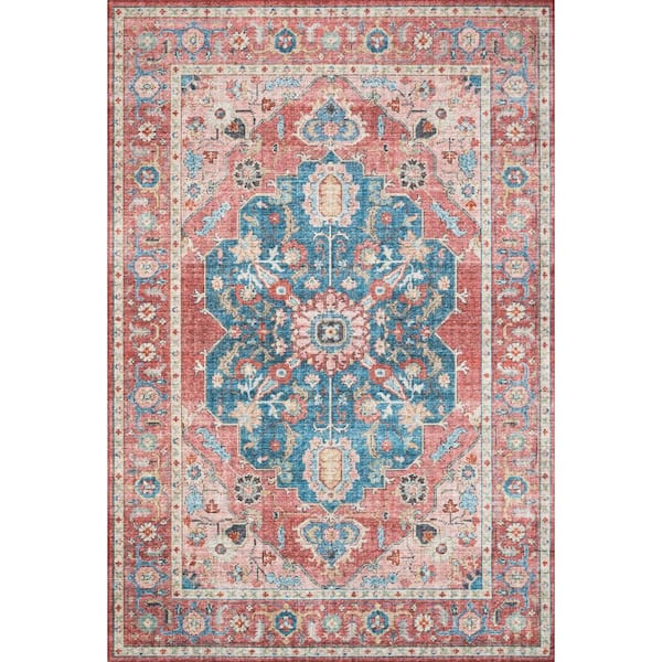 LOLOI II Skye Brick/Ocean 2'-6" X 12' Runner Printed Distressed Oriental Area Rug