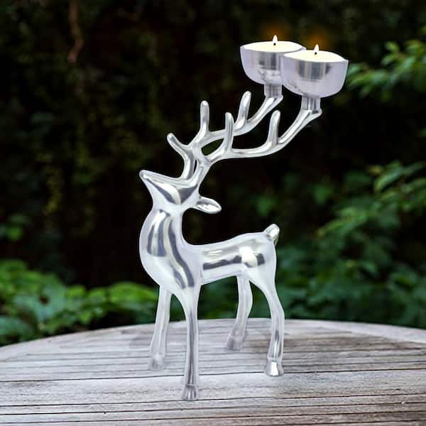 Christmas Tealight Candle Holders Set Of 2 Silver Finish Porcelain Reindeer Star