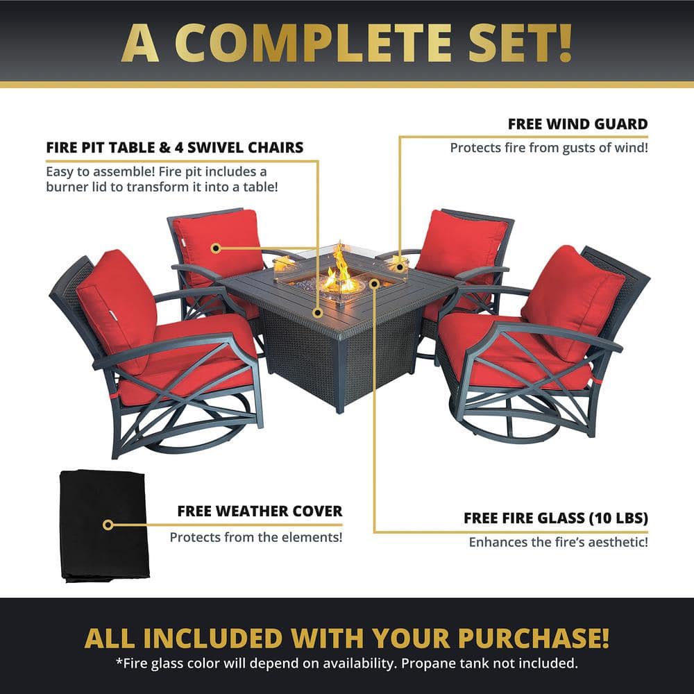 Ethan 5-Piece Red Cushion Aluminum Fire Pit Patio Set