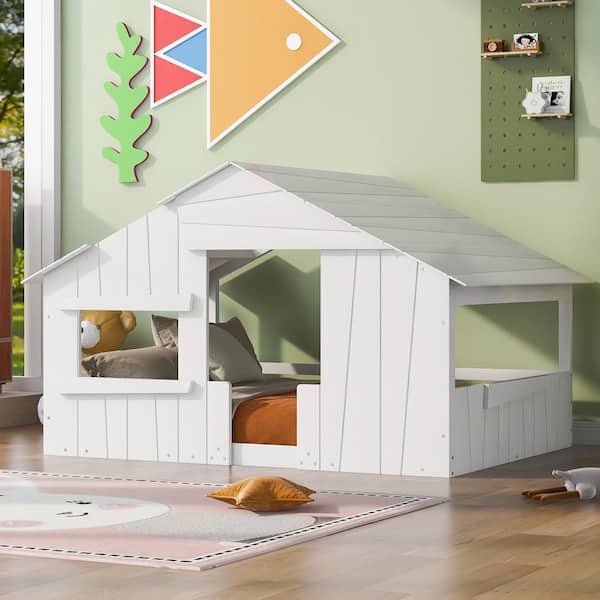 Harper & Bright Designs White Wood Full Size House Platform Bed, Floor with Roof, Window and Guardrail