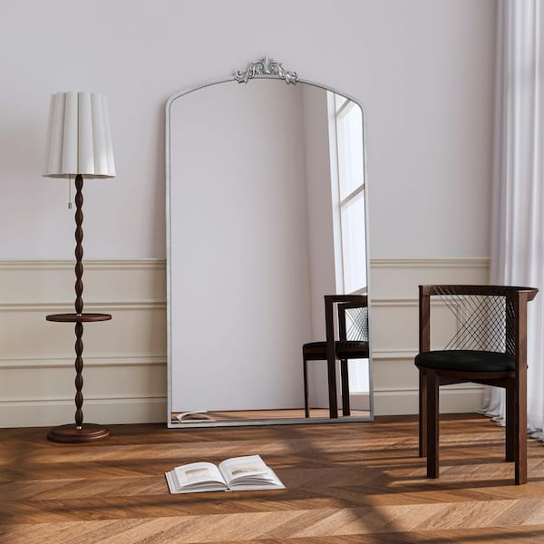 Vintage Baroque Antique Silver 36 in. W x 66.50 in. H Arched Metal Full Length Mirror-Versatile Floor/Wall Mount