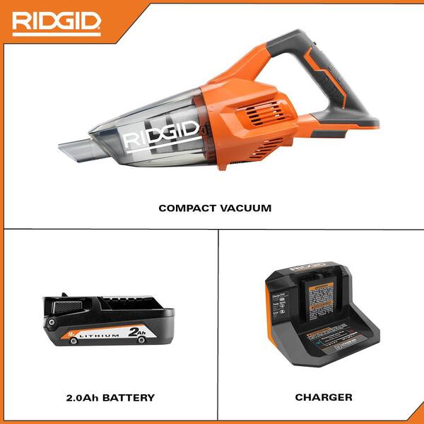 Ridgid 18V Cordless Compact Hand Vacuum Kit with Crevice Nozzle, Utility Nozzle, Extension TUBE, 2.0 Ah Battery, Charger