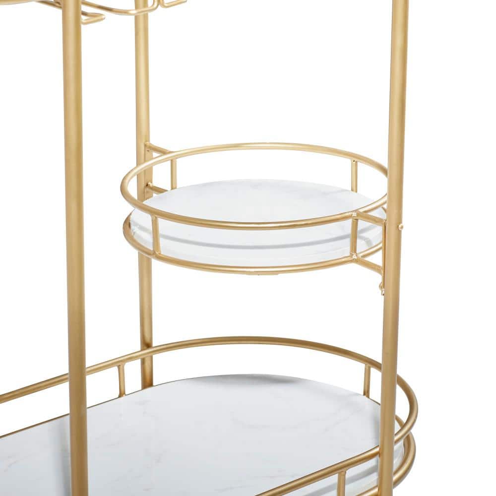 Elegant Gold Oval 3-Tier Marble and Glass Bar Cart with Wheels