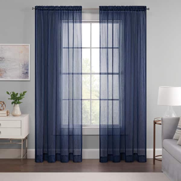 Eclipse Emina Navy Solid Polyester 52 in. W x 84 in. L Sheer Rod Pocket Curtain