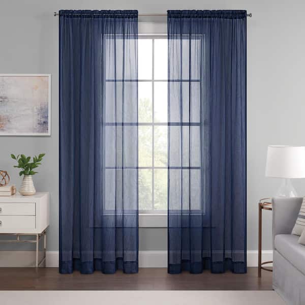 Eclipse Emina Navy Solid Polyester 52 in. W x 95 in. L Sheer Rod Pocket Curtain