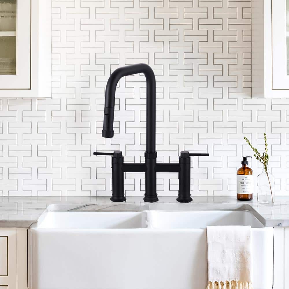ARCORA AR7401402B 3 Holes Brass Double Handle Bridge Kitchen Faucet With 2-Mode Pull Down Sprayer And Supply Lines