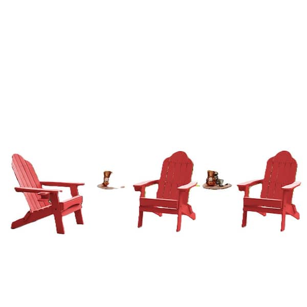 LUE BONA Grant Curveback Red Recycled HDPS Plastic Outdoor Patio Adirondack Chair with Cup Holder Fire Pit Chair Set of 3