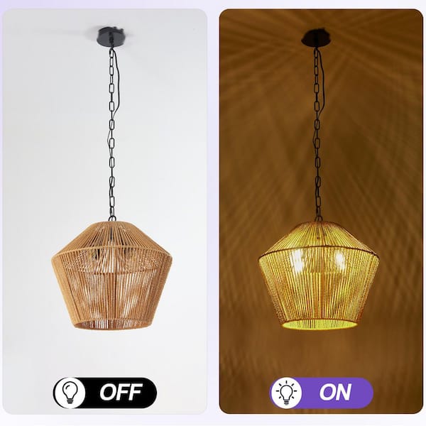 4-Light Wood Color Farmhouse Pendant Light Hanging Light Fixture for Kitchen Island with Hemp Rope Shade