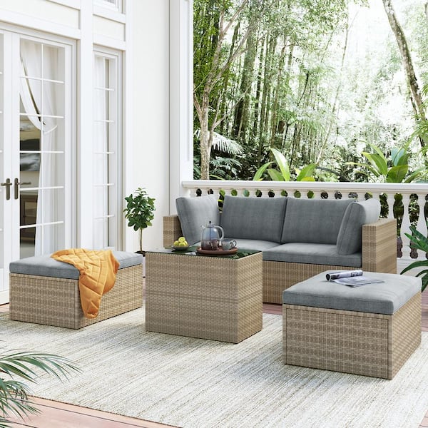 Wateday Outdoor 5-Piece Wicker Patio Conversation Set with Gray Cushions
