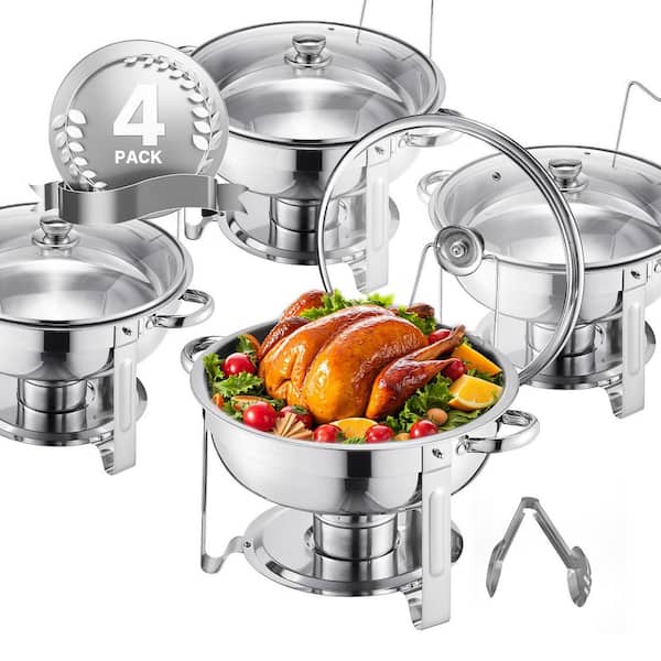 Chafing Dish Buffet Set, 5 qt. 4-Pack, Silver, Stainless Steel Chafing Dishes and Accessories, Round Catering Warmer