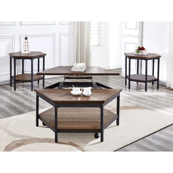 Ultimo 36 in Brown Wood Hexagon Coffee Table and 2-End Tables