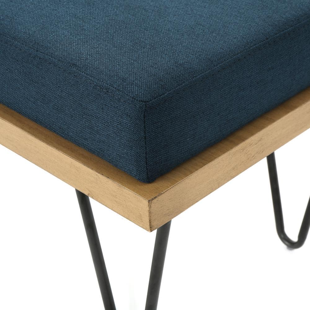 Elaina Navy Blue Upholstered Bench with Faux Pine Veneer and Iron Legs
