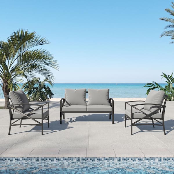 Afoxsos Black 3-Piece Steel Patio Conversation Set with 2 Arm Chairs, Contemporary Sofa and Gray Cushions