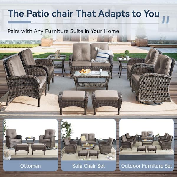 Rotavia Brown 5-Piece Wicker Patio Conversation Set with Swivel Rockers, Outdoor Sofa Seating Set with Gray Cushions