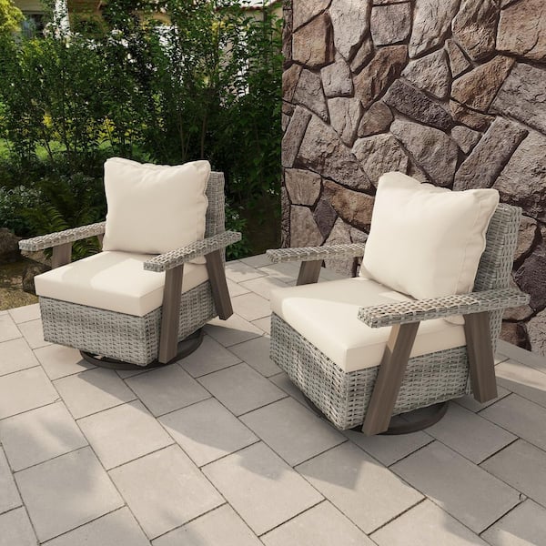 INMITOM Wicker Patio Outdoor Rocking Chair Swivel Lounge Chair with Beige Cushion (2-Pack)