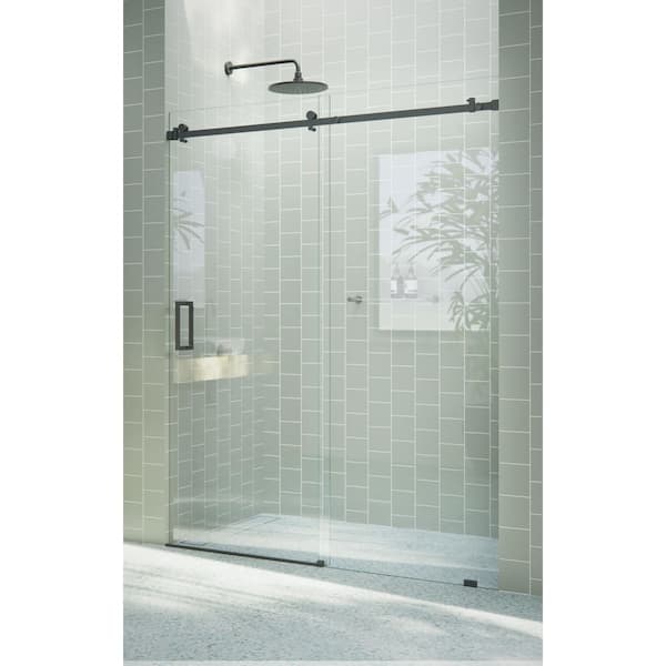Astro 64 in. W x 78 in. H Sliding Frameless Shower Door with Square Hardware in Matte Black with Clear Glass