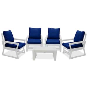 Malibu White 5-Piece Plastic Patio Conversation Deep Seating Set with Navy Cushions