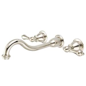 Wall Mount 2-Handle Elegant Spout Bathroom Faucet in Polished Nickel PVD