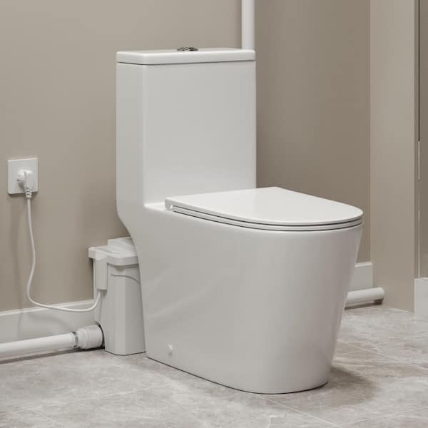 1-Piece Macerating Toilet with 700W Macerator Pump 1.1/1.6 GPF Dual Flush Elongated Toilet in White, Seat Included