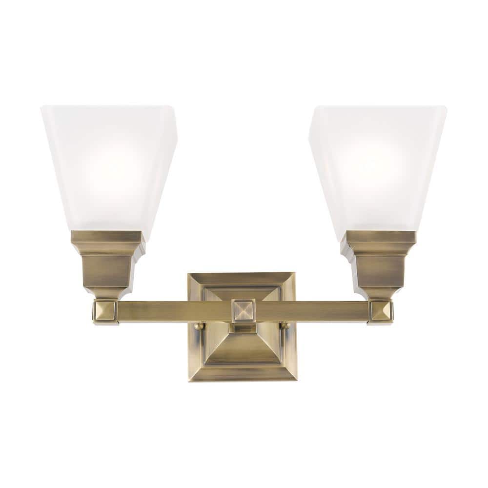 Antique Brass 2-Light Vanity Fixture with Satin Glass Shades
