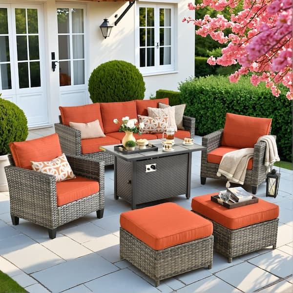 Daphne 6-Piece Wicker Outdoor Patio Conversation Sofa Seating Chair Set with Metal Fire Pit and Orange Red Cushions