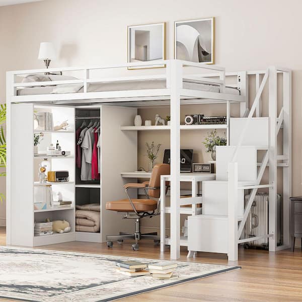White Full Size Metal Loft Bed with Desk, USB Ports, 5-Layer Shelf, Wardrobe and Stepped Stairs