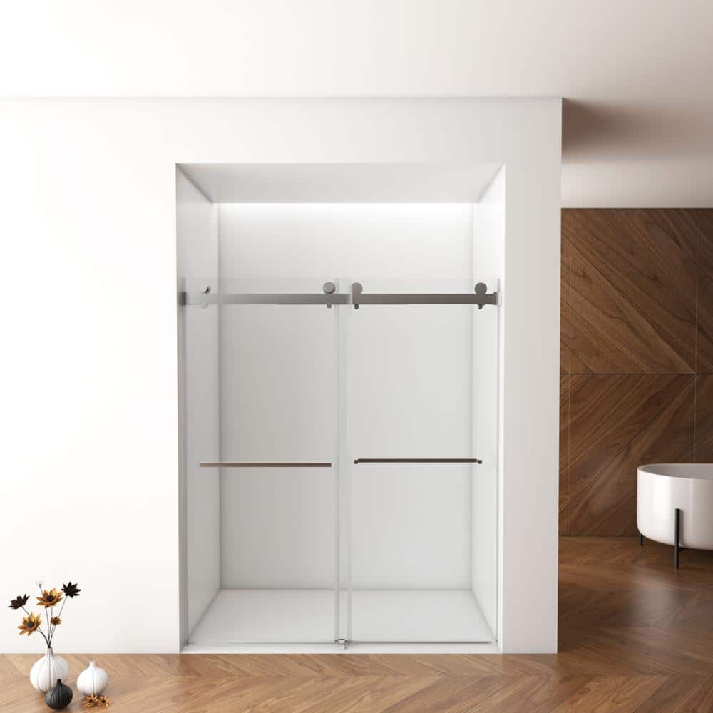 Brushed Nickel Frameless Double Sliding Shower Door with Clear Glass