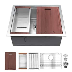 16-Gauge 23 in. Stainless Steel Single Bowl Undermount Workstation Kitchen Sink with Bottom Grid