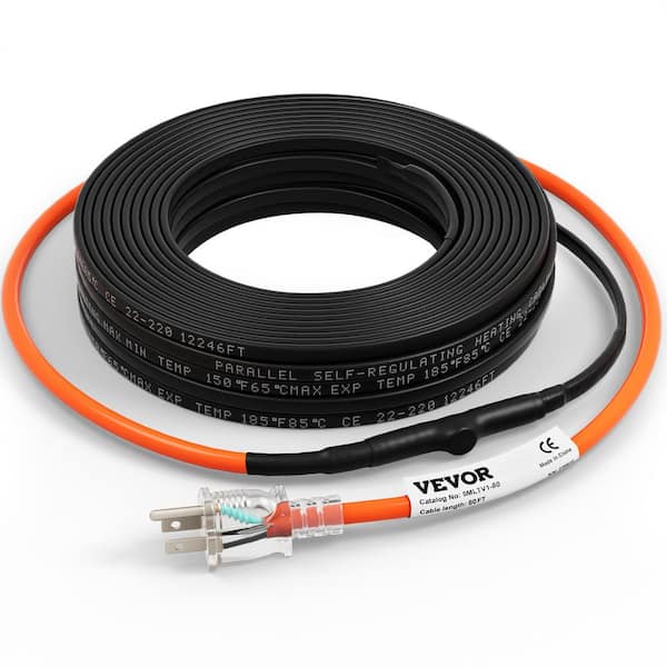VEVOR 80 ft. Pipe Heat Cable 5W/ft. Self-Regulating Heat Tape IP68 110Volt with Build-in Thermostat for PVC Metal Plastic Hose