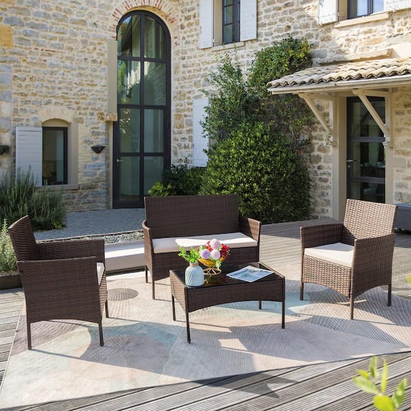 Tozey Brown 4-Pieces Wicker Outdoor Patio Conversation Furniture Sets Rattan Chair Wicker Set with Beige Cushion