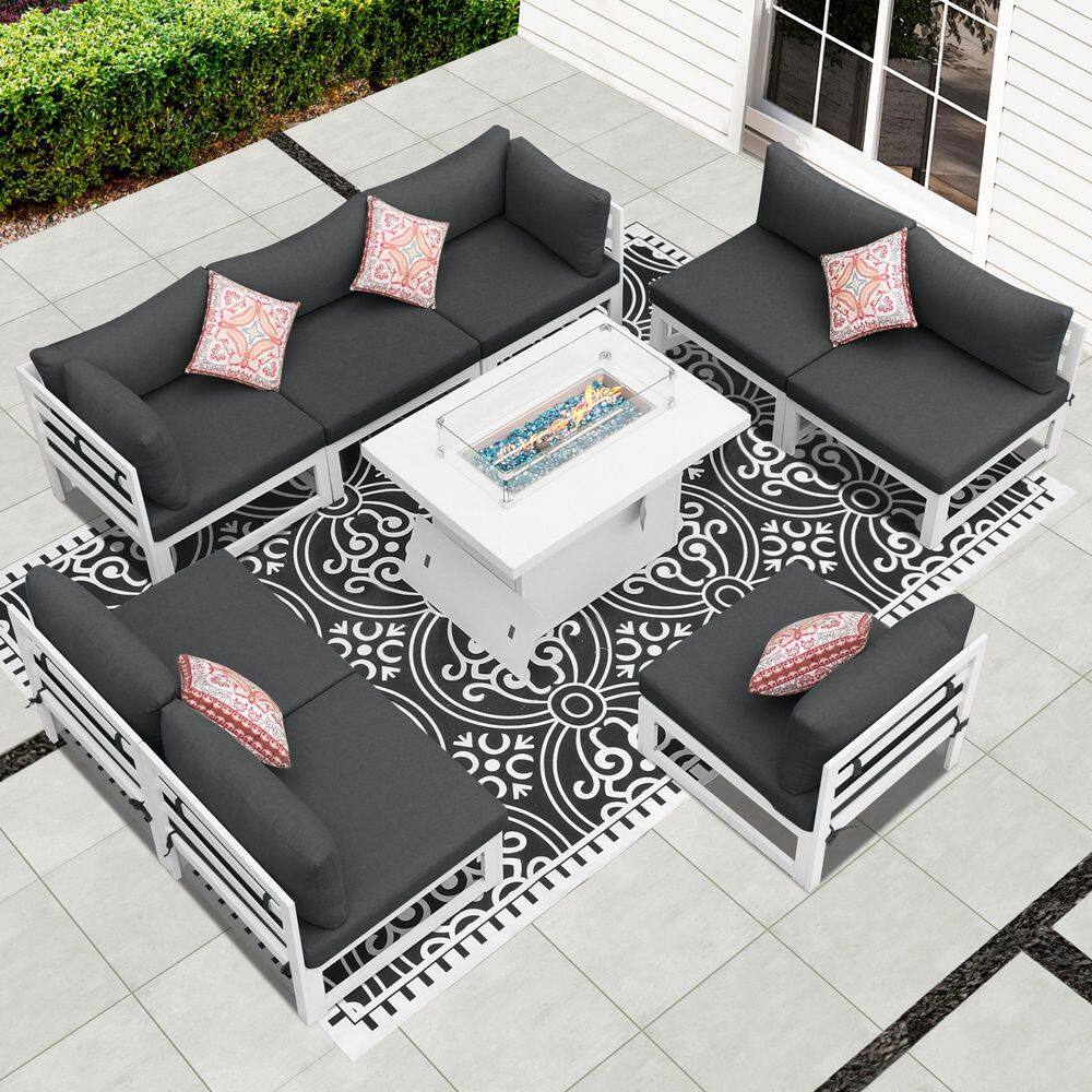 Extra Large White 9-Piece Aluminum Patio Fire Pit Conversation Set Deep Sea