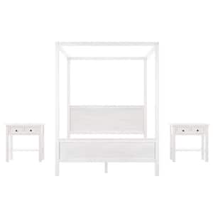 63 in. W Brushed White Queen Wood Frame Canopy Platform Bed with 2 Nightstands