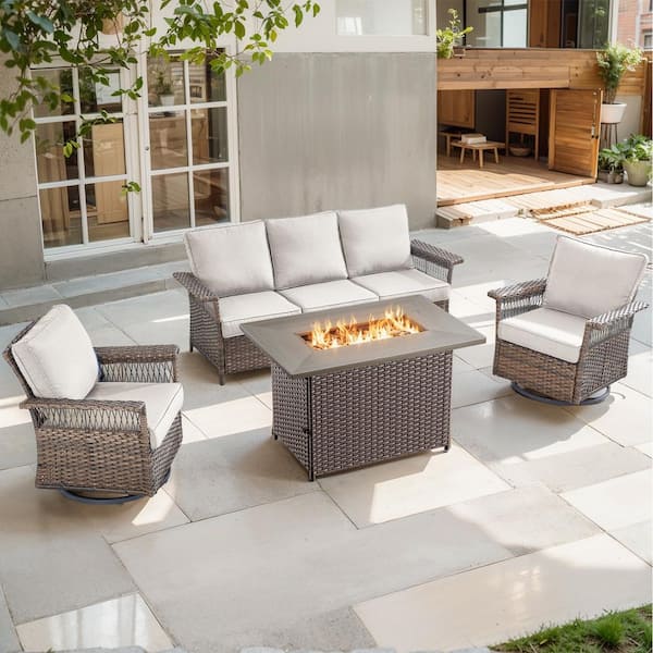 Brown 4-Piece Wicker Outdoor Patio Rectangular Fire Pit Conversation Set with Beige Cushions and Swivel Rockers