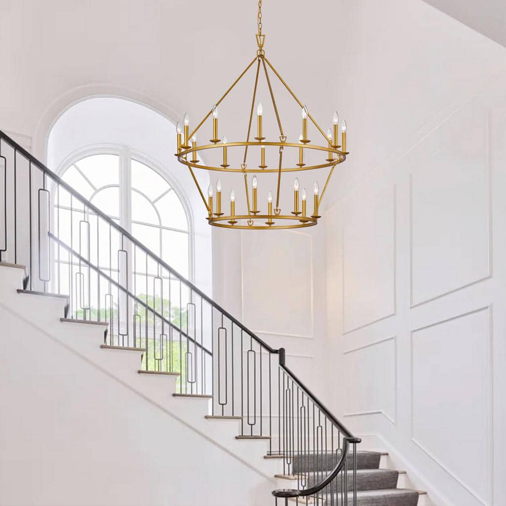 Gold 2-Tier Brass Candle-Style Chandelier with 20 Lights