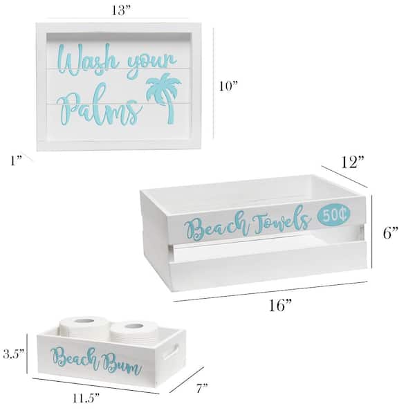 Elegant Designs Three Piece Decorative Wood Bathroom Set, Small, Coastal/Beach (1 Towel Holder, 1 Frame, 1 Toilet Paper Holder)
