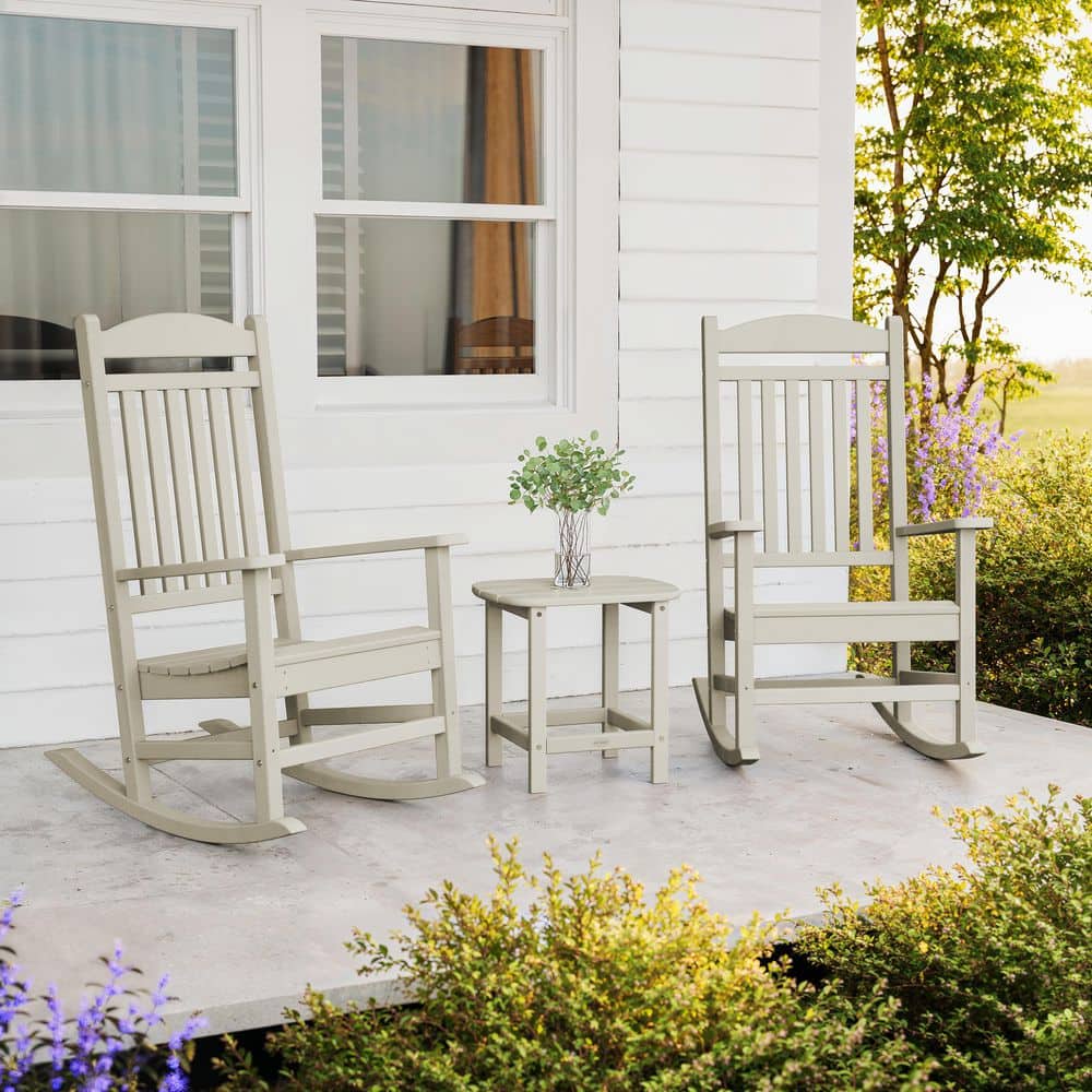 POLYWOOD Grant Park 3-Piece Sand Plastic Outdoor Rocking Chair Set