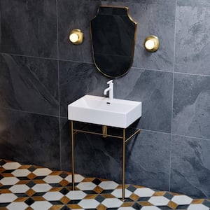 Claire 24 in. Ceramic White Brushed Gold Console Sink Basin with Legs
