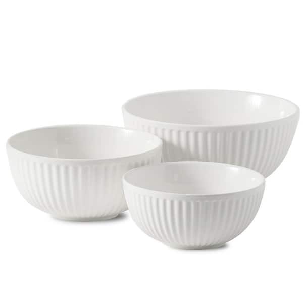 3-Piece Ceramic Navy Mixing Bowl Set Classic Ribbed Pattern Nesting Design for Baking Cooking and Space Saving