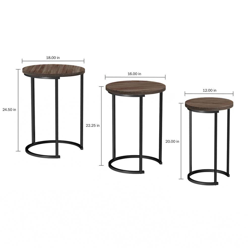 Gray Oak and Black Metal Round Nesting Tables Set of 3
