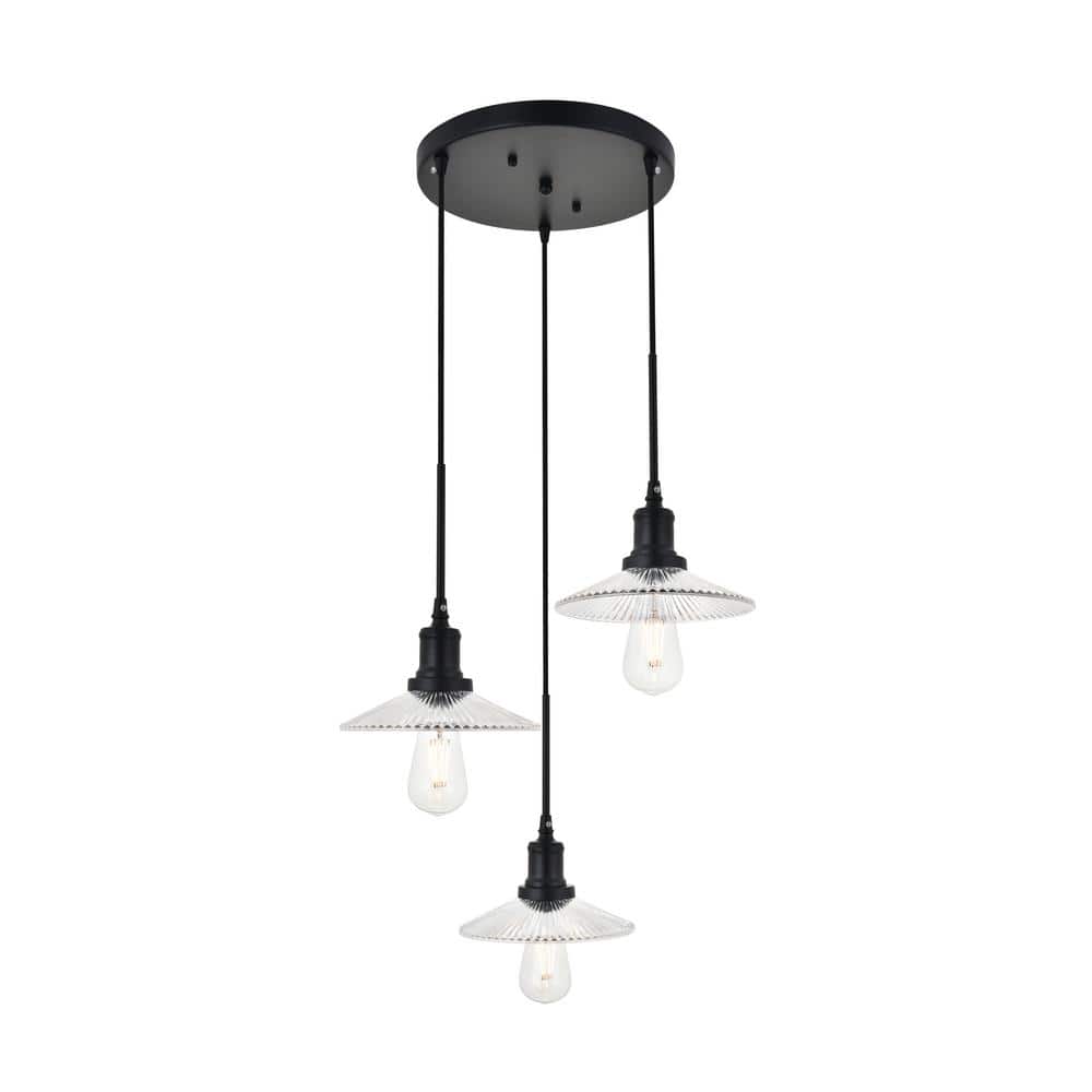 Timeless Home Walker 3-Light Pendant in Black and Clear with 8.5 in. W x 2 