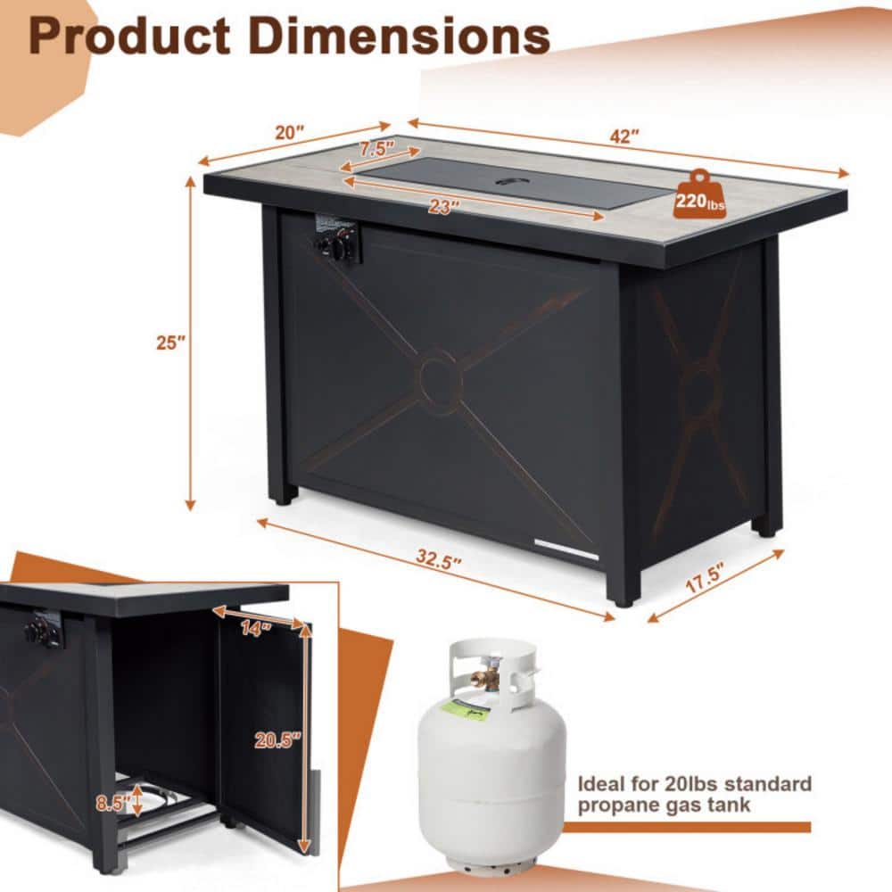 42" Black Steel Gas Fire Pit Table with Ceramic Top