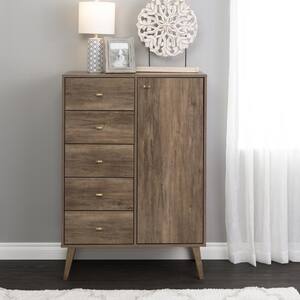 Milo Mid-Century Modern 5-Drawer Drifted Gray Chest with Door (34.5 in W. x 49 in H. x 16 in D)