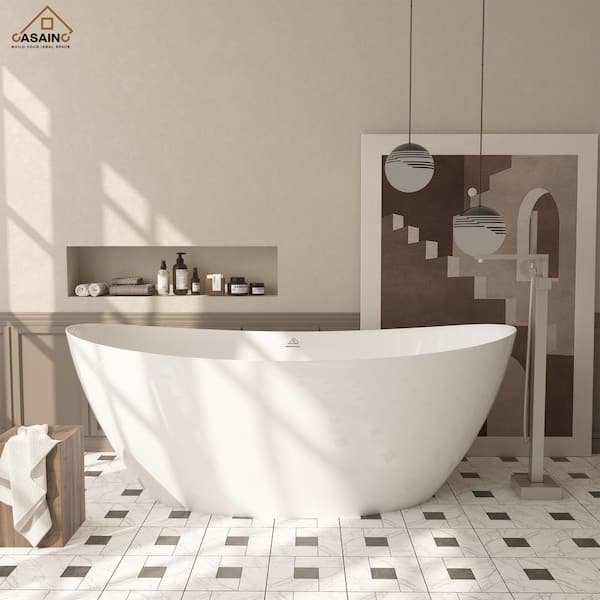 CASAINC 67 in. 31 in. Stone Resin Solid Surface Double-headed Raised Soaking Bathtub in Matte White with Brushed Nickel Faucet