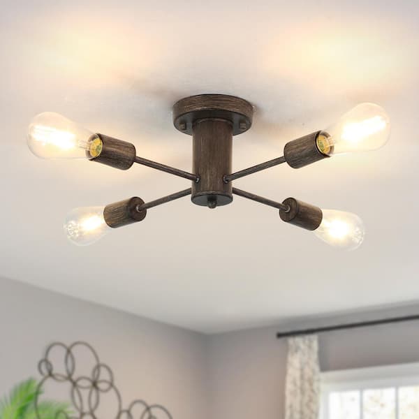 LWYTJO Theis 17.5 in. 4-Light Brown Semi Flush Mount Sputnik Chandelier Linear Ceiling Mount Light for Bedroom Room Dining Room