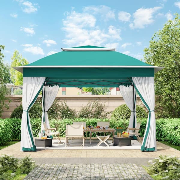 11 ft. x 11 ft. Green Pop-Up Outdoor Patio Steel Metal Frame Soft Top Gazebo with Mosquito Netting