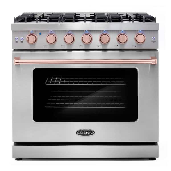 36 in. 6.0 cu. ft. Gas Range, 6 Burners, Convection Oven, Knob LEDs, Stainless Steel, Rose Gold Knob Kit