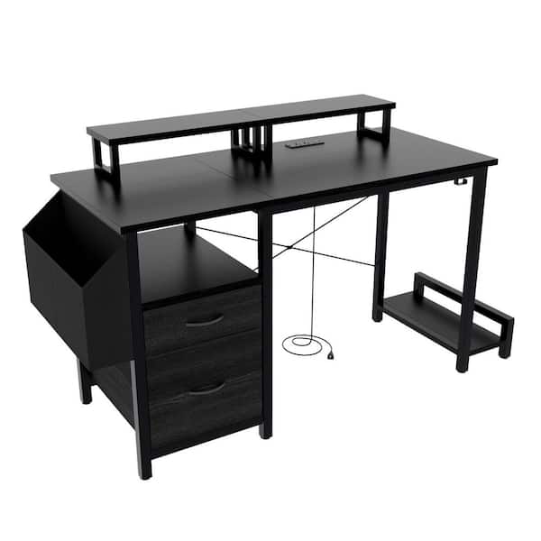 47.3 in. Rectangular Black Computer Desk Black 2-Drawer with Power Outlet Monitor Stands Shelves Side Pocket and Hooks