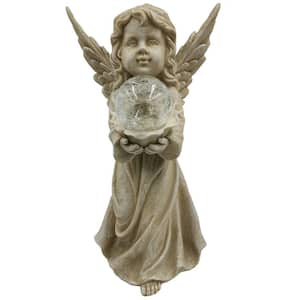 13 in. 1-Light Integrated LED Solar Powered Angel Garden Statuary with Glowing Crackled Ball in White