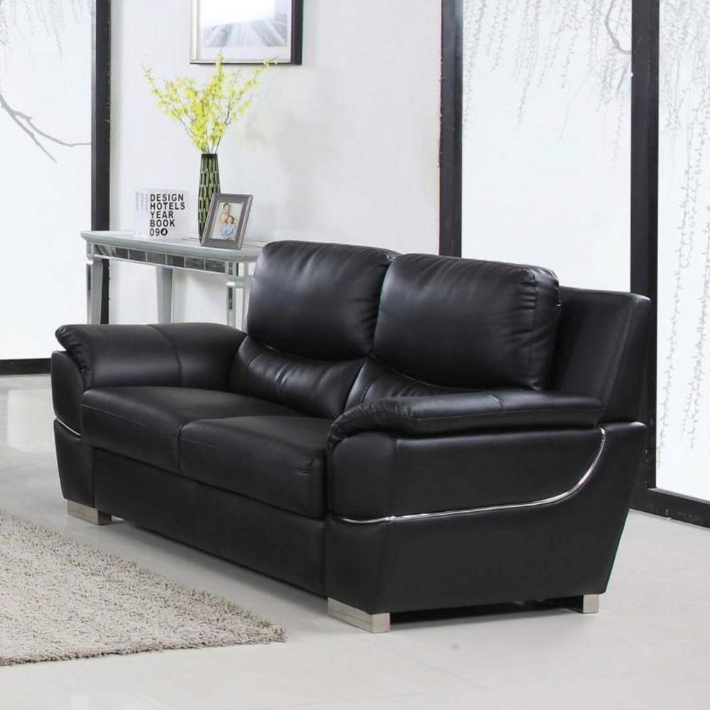 Modern Black Leather Pillow-Top Arm Loveseat with Wood Accents